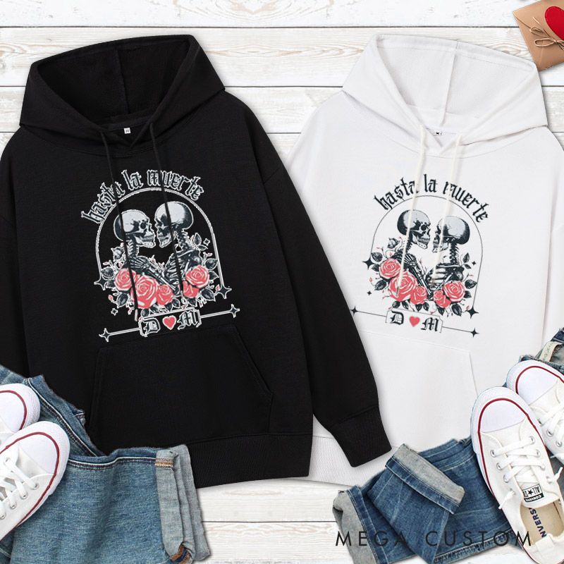 Personalized Hasta La Muerte Skeleton Couple with Roses Halloween Couple Hoodie