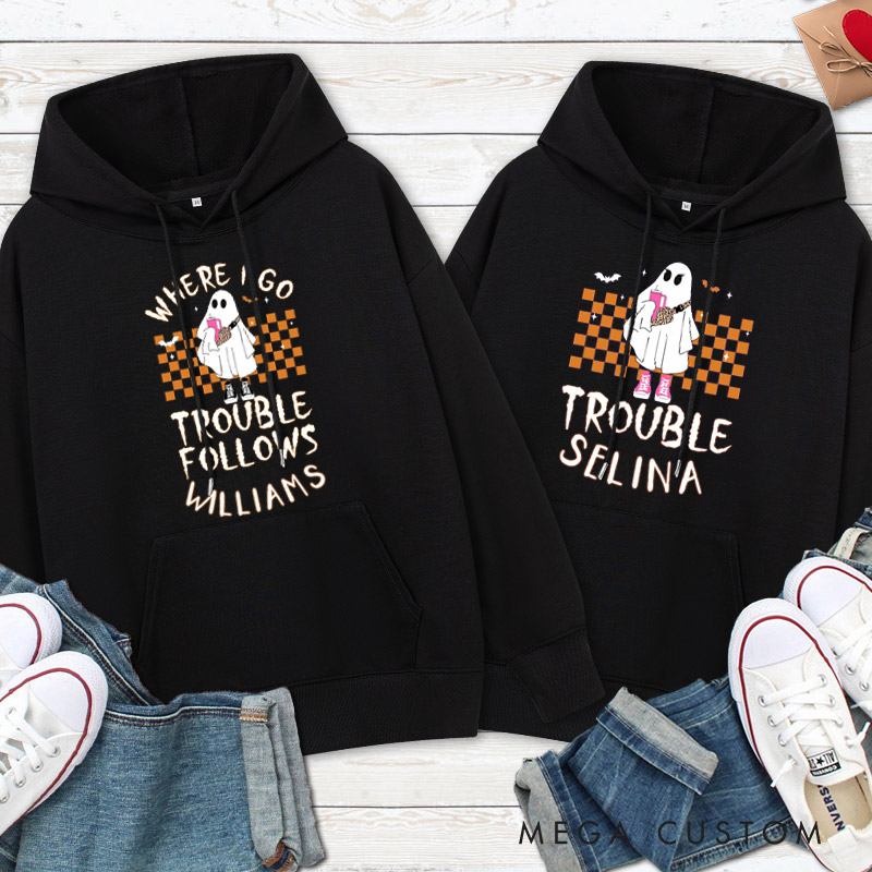 Personalized Where I Go Trouble Follows Ghost with Checkered Background Couple Hoodie