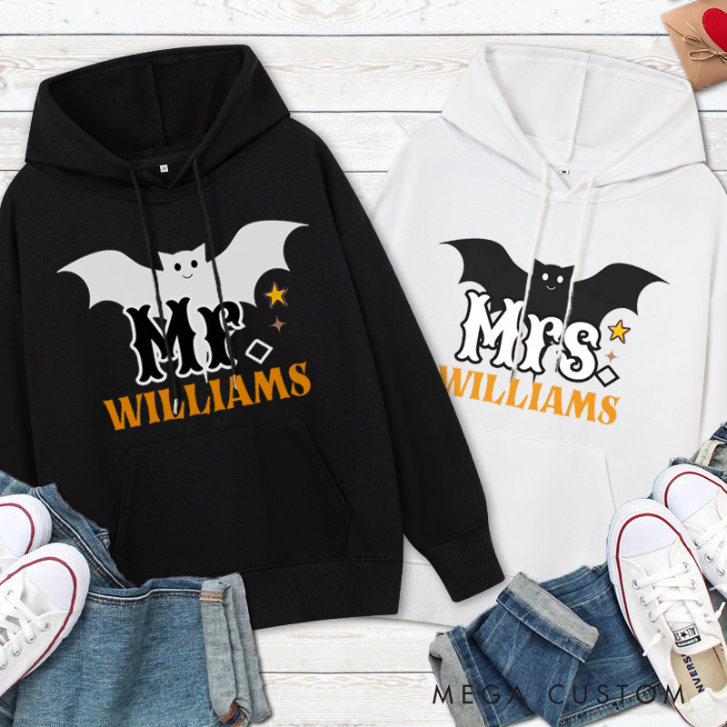 Personalized Mr and Mrs Bat Design with Halloween Theme Couple Hoodie