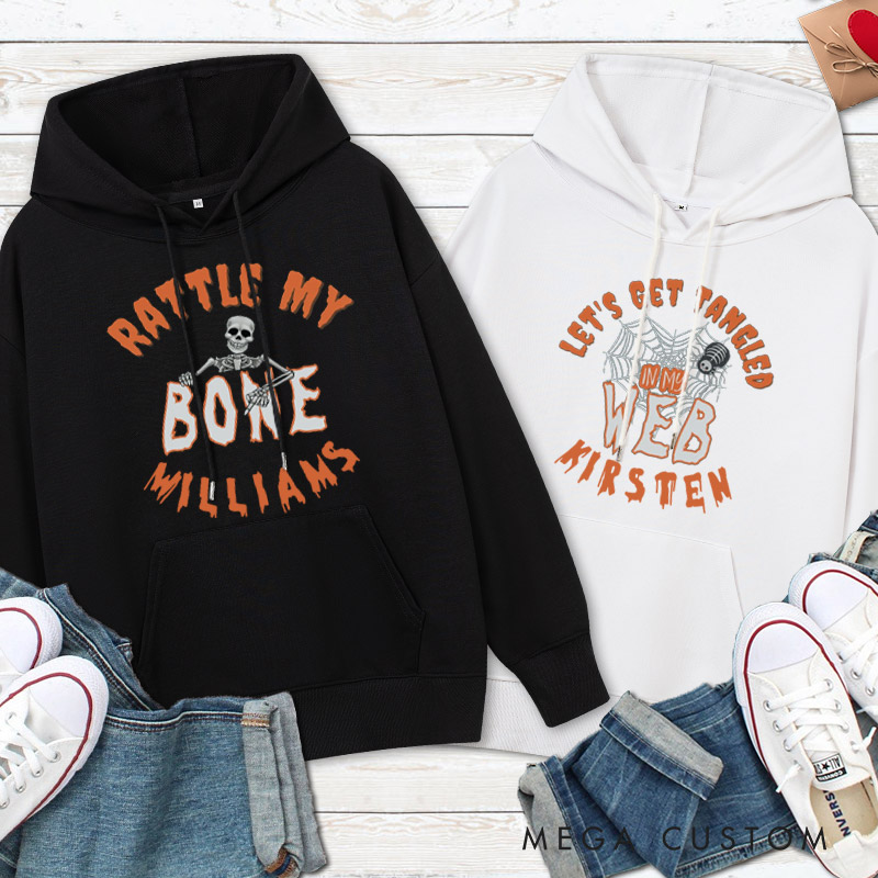 Personalized Rattle My Bone and Let's Get Tangled in My Web Halloween Couple Hoodie