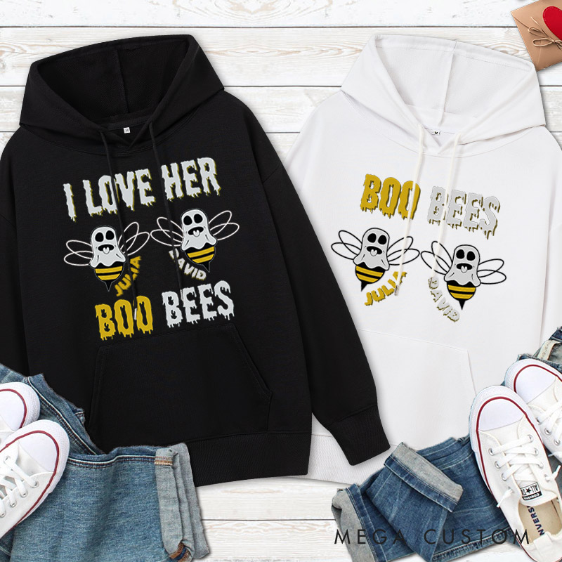 Personalized I Love Her Boo Bees and Boo Bees Halloween Couple Hoodie