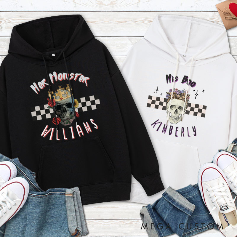 Personalized Her Monster and His Boo Skull Halloween Couple Hoodie