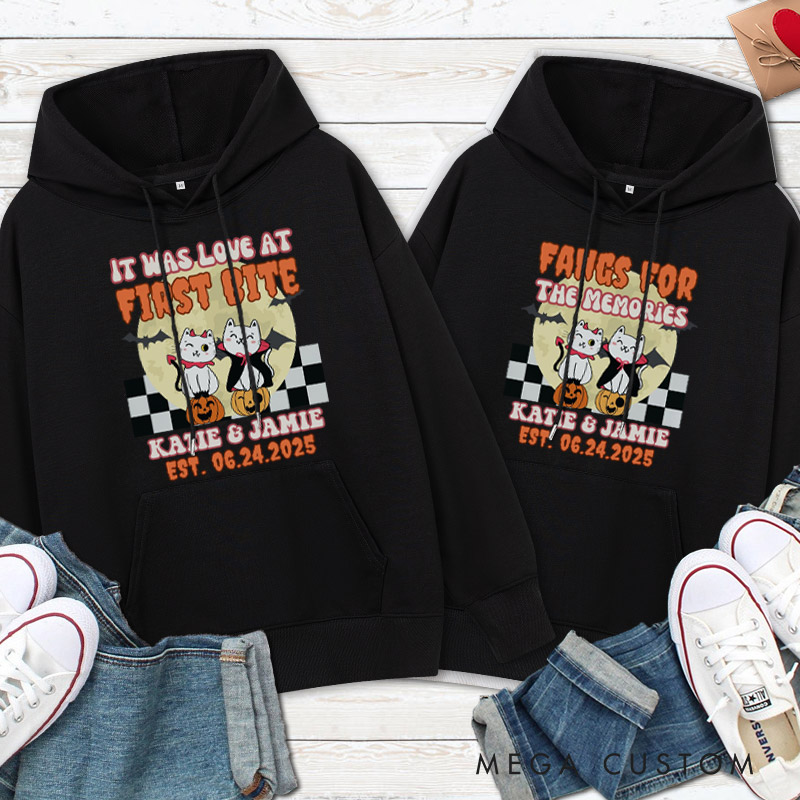 Personalized Love at First Bite and Fangs for the Memories Cat Couple Halloween Couple Hoodie