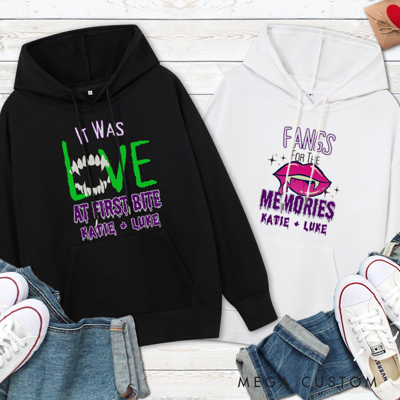 Personalized Love at First Bite & Fangs for the Memories Halloween Couple Hoodie