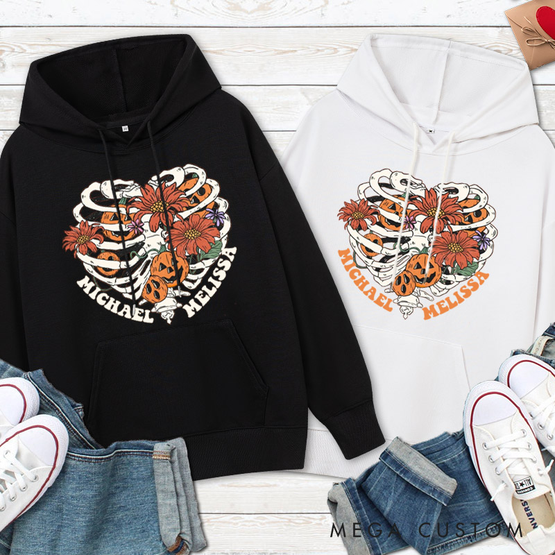 Personalized Floral Skeleton Ribcage with Pumpkins Halloween Couple Hoodie