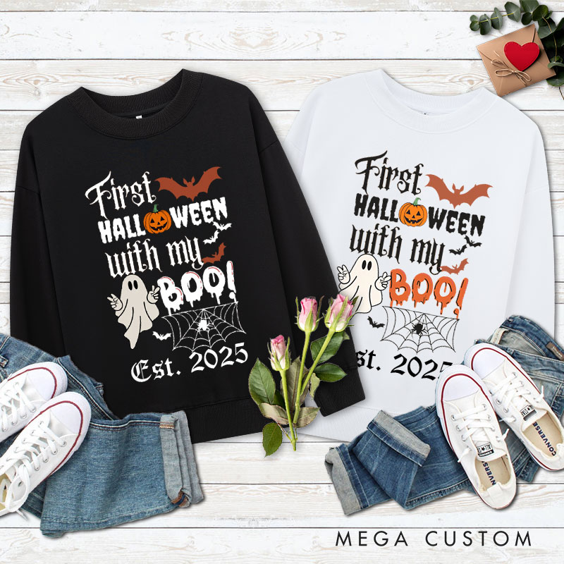 Personalized First Halloween with My Boo Ghost and Pumpkin Couple Sweatshirt