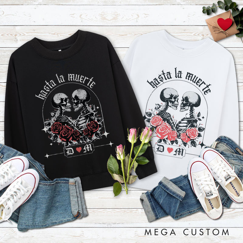 Personalized Hasta La Muerte Skeleton Couple with Roses Halloween Couple Sweatshirt