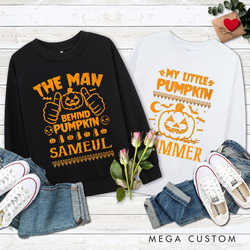 Personalized The Man Behind Pumpkin and My Little Pumpkin Halloween Couple Sweatshirt