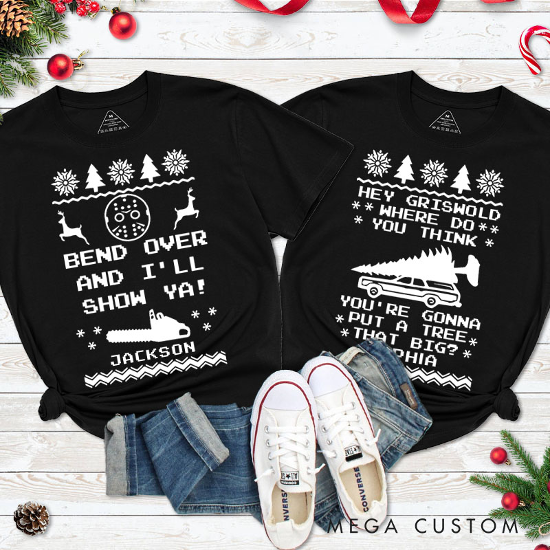 Personalized Couple Bend Over and I'll Show Ya with Christmas Tree Matching T-Shirt Couple Christmas Shirt for Husband Wife Boyfriend Girlfriend Gift