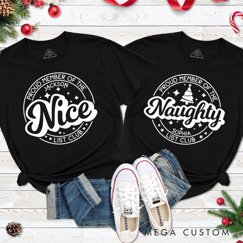 Personalized Couple Proud Member of the Nice and Naughty List Club Matching T-Shirt Couple Christmas Shirt for Husband Wife Boyfriend Girlfriend Gift