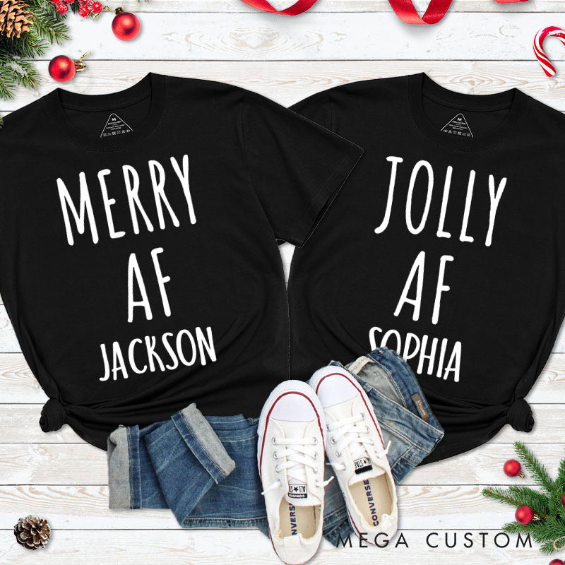 Personalized Couple Merry AF and Jolly AF Matching Christmas T-Shirt with Name Couple Xmas T-Shirt for Husband Wife Boyfriend Girlfriend