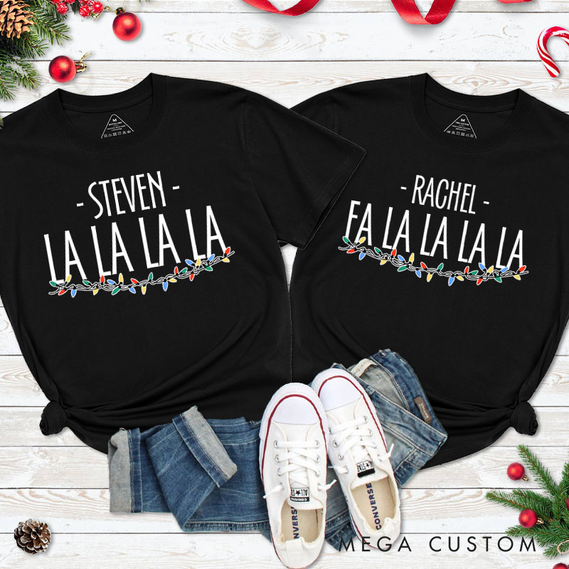 Personalized Couple La La La La La with String Lights Christmas Matching T-Shirt Couple Xmas T-Shirt for Husband Wife Boyfriend Girlfriend