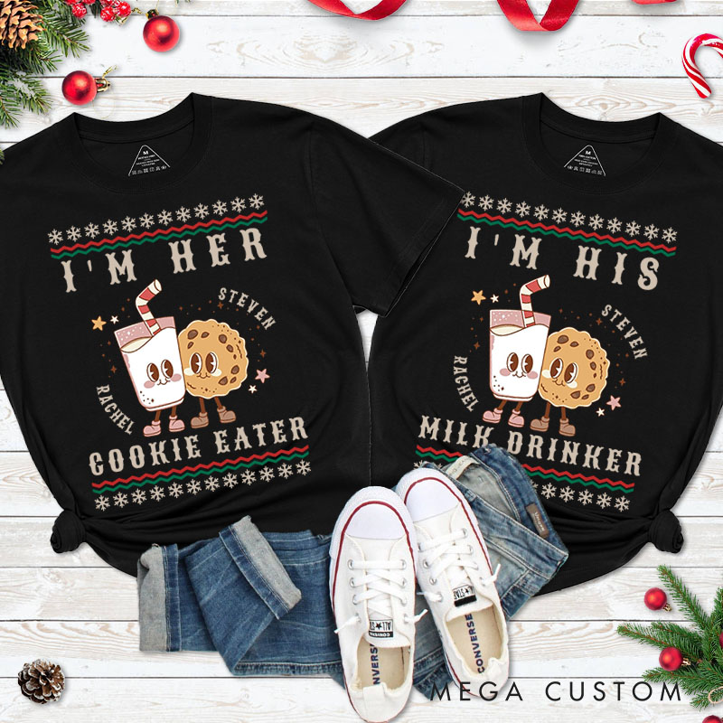 Personalized Couple I'm Her Cookie Eater Christmas Matching T-Shirt Couple I'm His Milk Drinker Xmas T-Shirt for Husband Wife Boyfriend Girlfriend