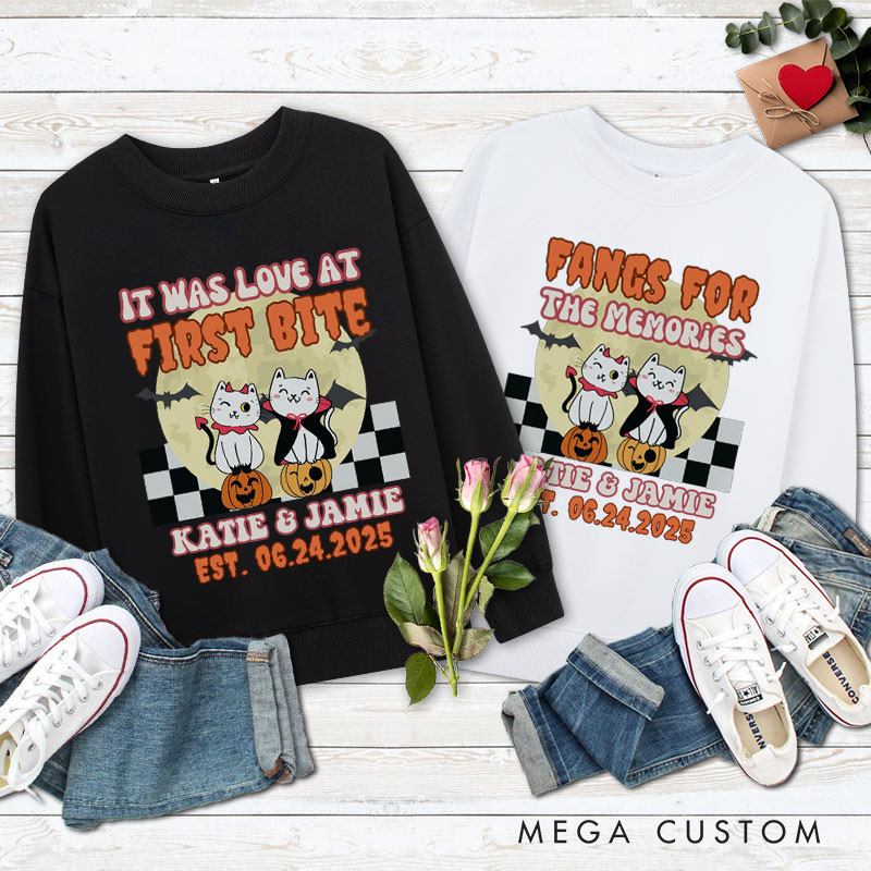Personalized Love at First Bite and Fangs for the Memories Cat Couple Halloween Couple Sweatshirt