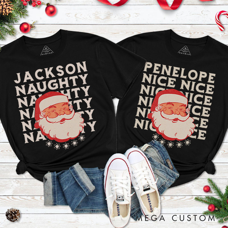 Personalized Couple Retro Naughty and Nice with Santa Christmas T-Shirt Couple Xmas Matching T-Shirt for Husband Wife Boyfriend Girlfriend