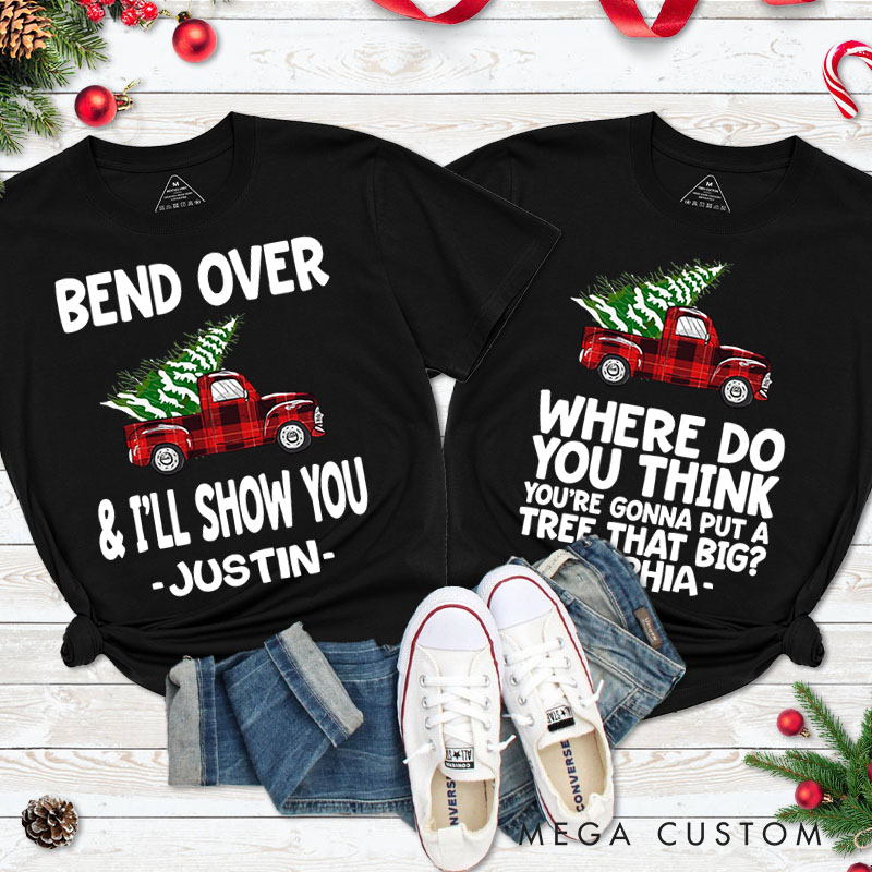 Personalized Couple Funny Bend Over and I’ll Show You Christmas T-Shirt Couple Xmas Plaid Truck Matching T-Shirt for Husband Wife Boyfriend Girlfriend