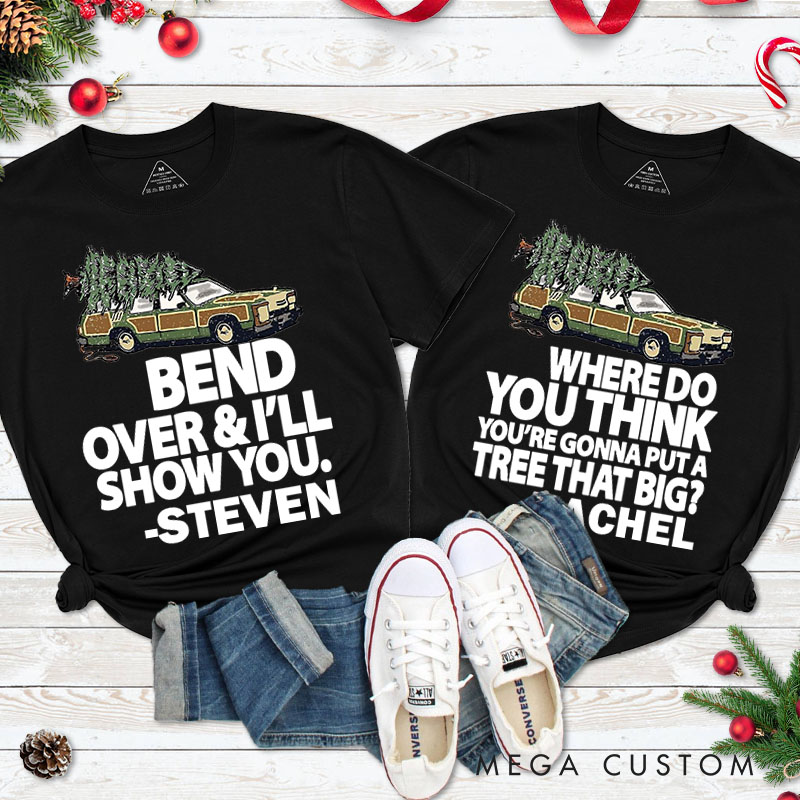 Personalized Couple Humor Bend Over and I'll Show You Christmas T-Shirt Couple Xmas Plaid Truck Matching T-Shirt for Husband Wife Boyfriend Girlfriend