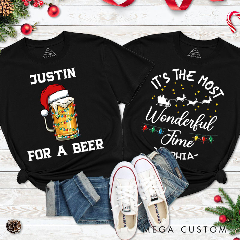 Personalized Couple For a Beer and It's the Most Wonderful Time Christmas T-Shirt Couple Xmas Matching T-Shirt for Husband Wife Boyfriend Girlfriend