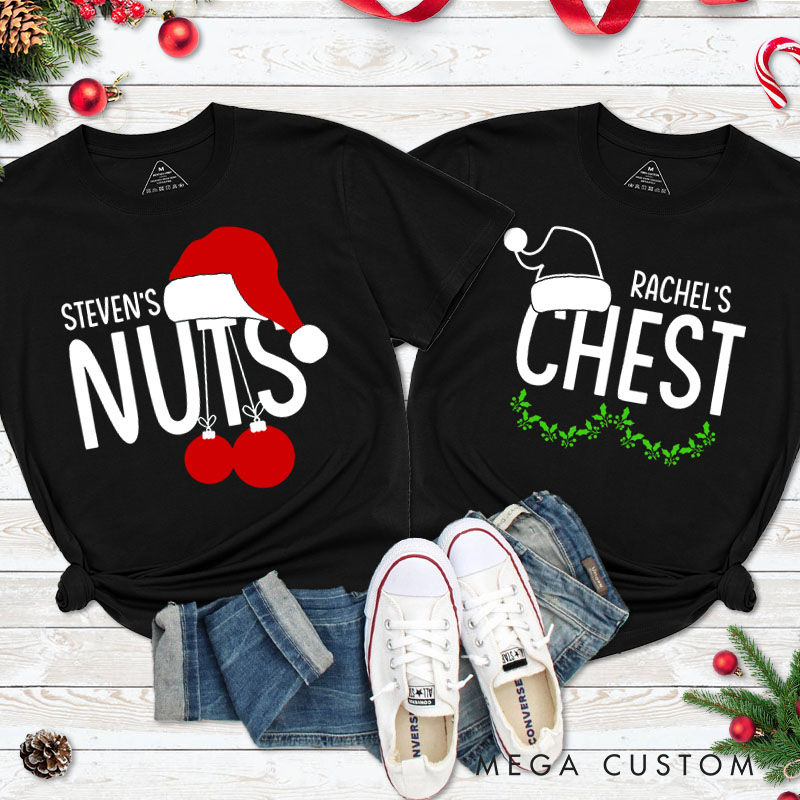 Personalized Couple Funny Nuts and Chest Christmas Matching T-Shirt Couple Xmas Santa Hats T-Shirt for Husband Wife Boyfriend Girlfriend