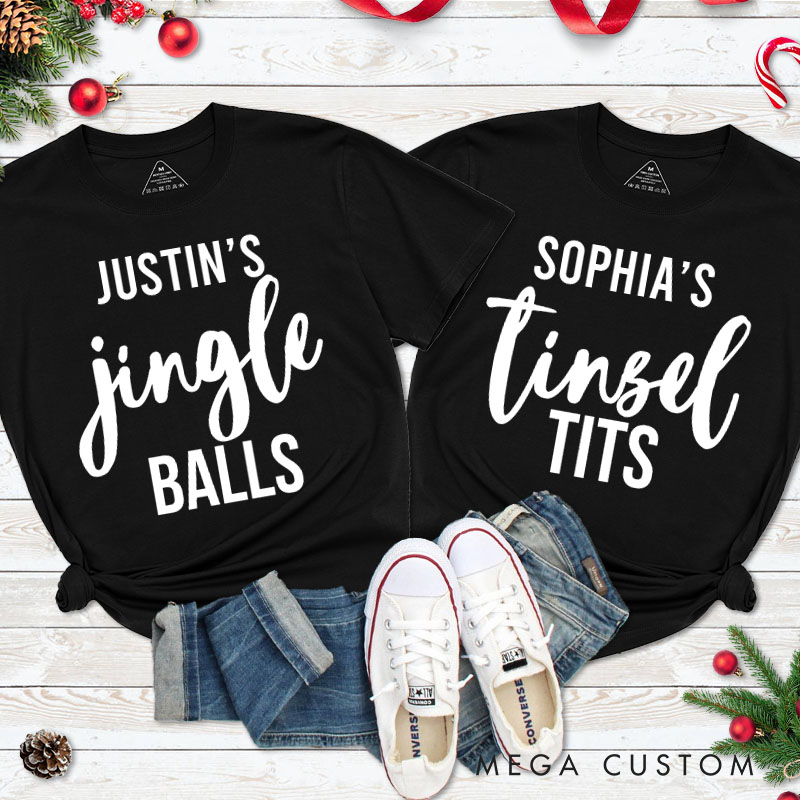 Personalized Couple Minimalist Jingle Balls and Tinsel Tits Christmas Matching T-Shirt Couple Xmas T-Shirt for Husband Wife Boyfriend Girlfriend