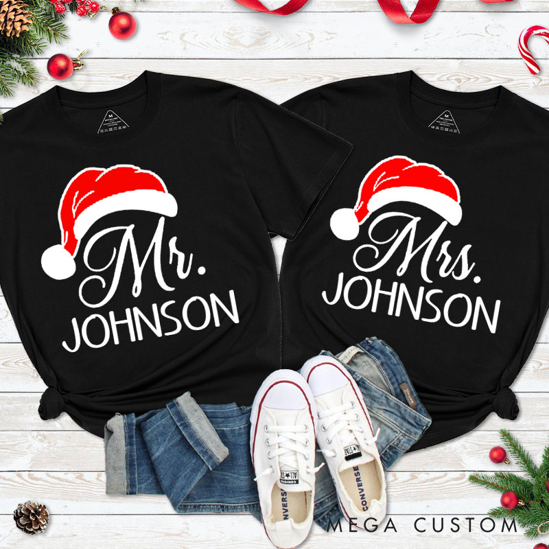 Personalized Couple Mr. and Mrs. with Santa Hat Christmas Matching T-Shirt Couple Xmas T-Shirt for Husband Wife Boyfriend Girlfriend Tee Tops