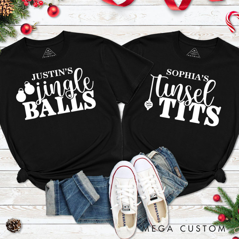 Personalized Couple Playful Jingle Ball and Tinsel Tits Christmas Matching T-Shirt Couple Xmas T-Shirt for Husband Wife Boyfriend Girlfriend Tee Tops