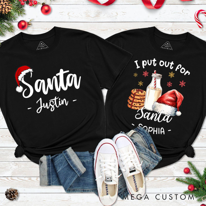 Personalized Couple Santa and I Put Out for Santa Christmas T-Shirt Couple Xmas Matching T-Shirt for Husband Wife Boyfriend Girlfriend Tee Tops