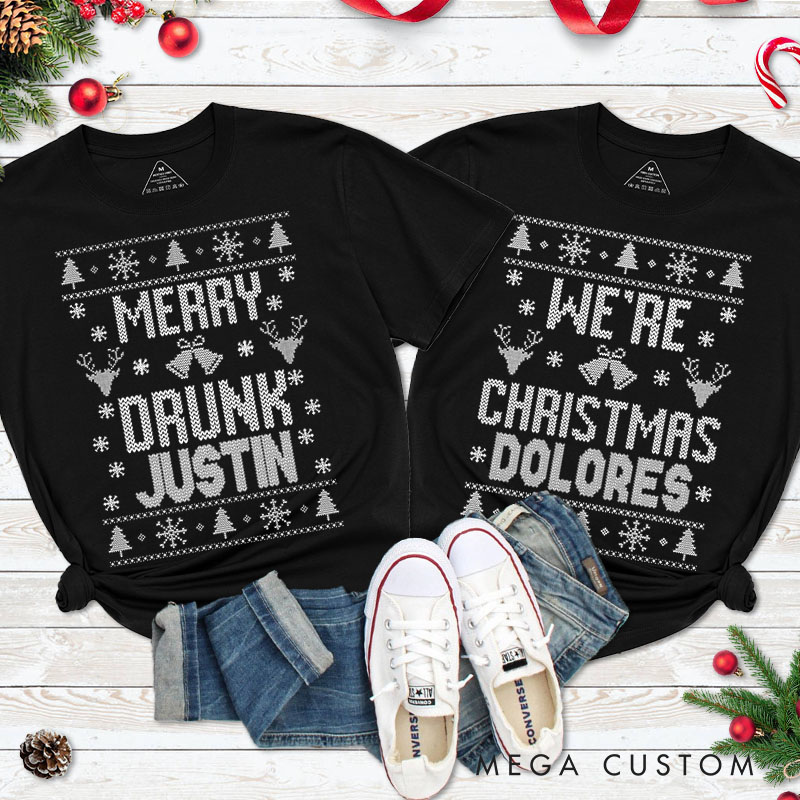 Personalized Couple Merry Drunk and We’re Christmas T-Shirt with Name Couple Xmas Matching T-Shirt for Husband Wife Boyfriend Girlfriend Tee Tops