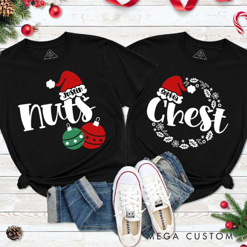 Personalized Couple Funny Nuts and Chest with Santa Hat T-Shirt Couple Xmas Matching T-Shirt for Husband Wife Boyfriend Girlfriend Tee Tops
