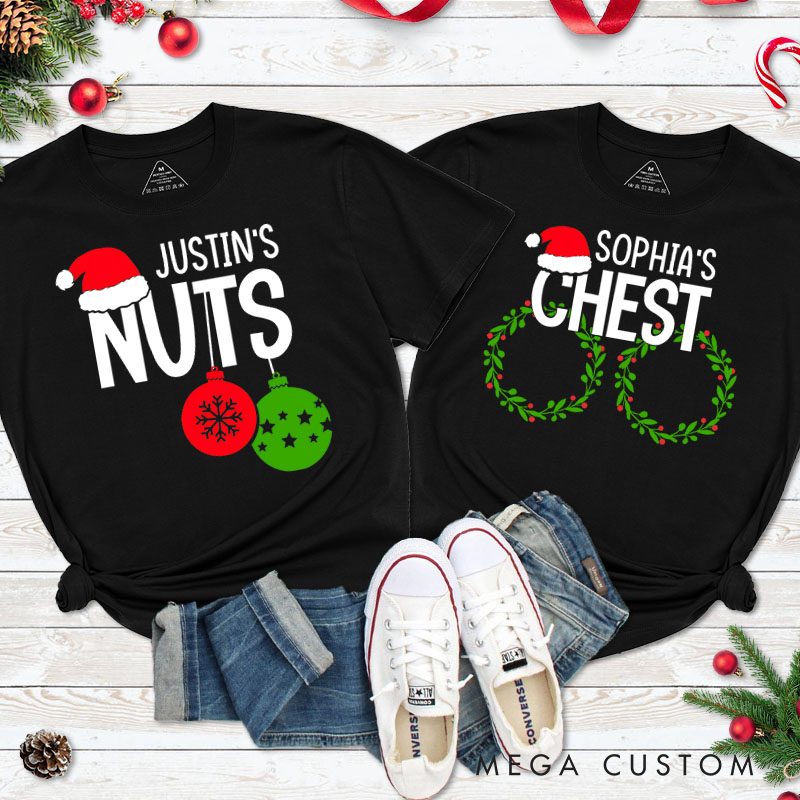 Personalized Couple Humor Nuts and Chest with Santa Hat T-Shirt Couple Xmas Matching T-Shirt for Husband Wife Boyfriend Girlfriend Tee Tops