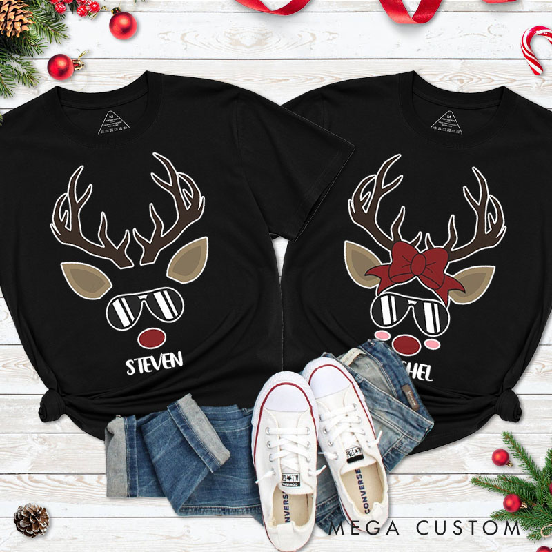 Personalized Couple Cool Reindeer with Sunglasses Christmas T-Shirt Chic Reindeer with Bow Xmas Matching Shirt for Husband Wife Boyfriend Girlfriend