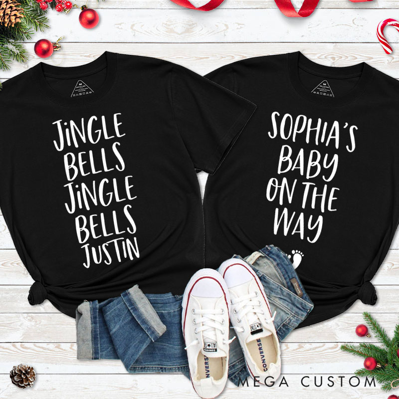 Personalized Couple Jingle Bells Jingle Bells Baby on the Way T-Shirt Chic Couple Xmas Matching Shirt for Husband Wife Boyfriend Girlfriend Tee Tops