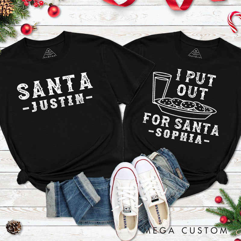 Personalized Couple Retro Santa and I Put Out for Santa T-Shirt with Name Couple Xmas Matching Shirt for Husband Wife Boyfriend Girlfriend Tee Tops