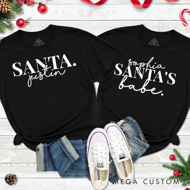 Personalized Couple Santa and Santa's Babe Christmas Matching T-Shirt Couple Xmas T-Shirt for Husband Wife Boyfriend Girlfriend Tee Tops