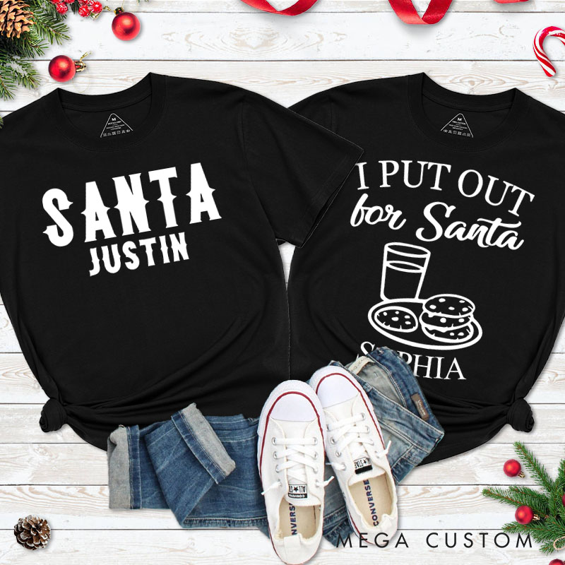 Personalized Couple Playful Santa and I Put Out for Santa Christmas Matching T-Shirt Couple Xmas T-Shirt for Husband Wife Boyfriend Girlfriend Tee Top