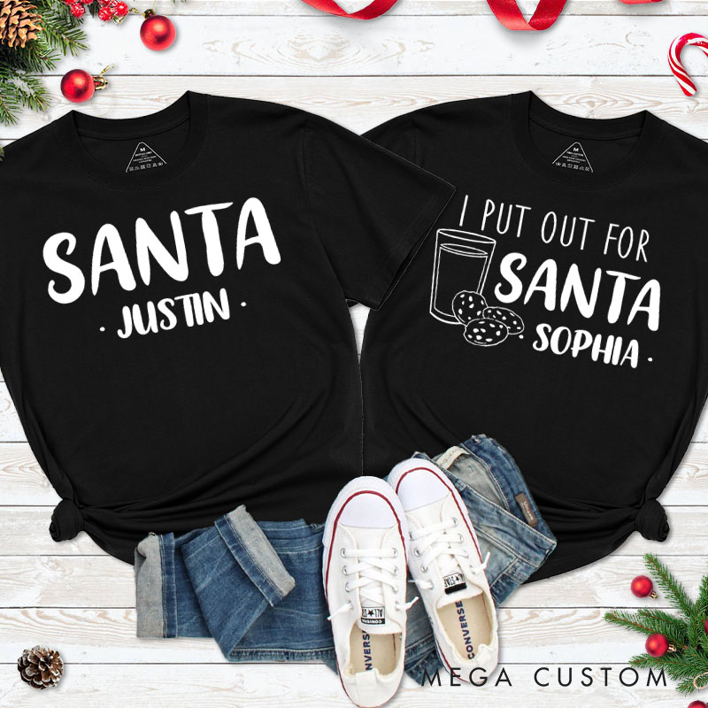 Personalized Couple Santa and I Put Out for Santa Christmas T-Shirt Couple Milk and Cookie Xmas Matching Tees for Husband Wife Boyfriend Girlfriend
