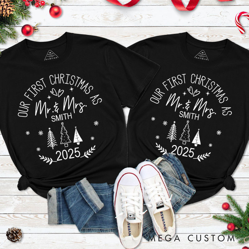Personalized Couple Our First Christmas as Mr. & Mrs. Matching T-Shirt Couple Heart and Xmas Tree T-Shirt for Husband Wife Tee Tops