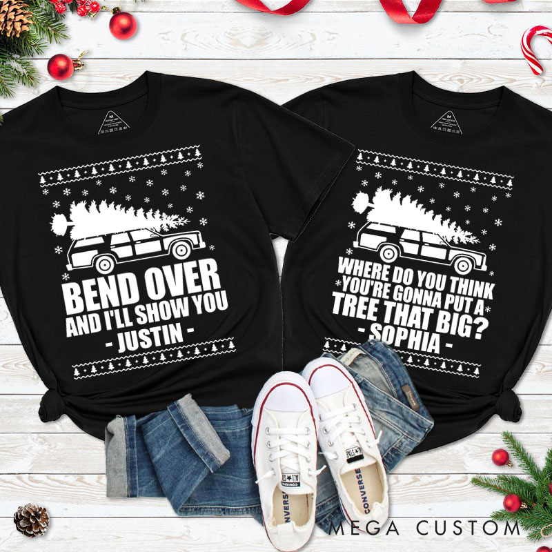 Personalized Couple Bend Over and I’ll Show You Christmas Matching T-Shirt Truck with Xmas Tree T-Shirt for Husband Wife Boyfriend Girlfriend Tee Tops