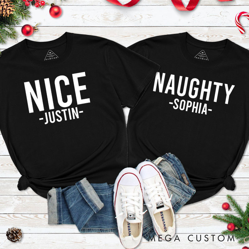 Personalized Couple Minimalist Nice and Naughty Christmas Matching T-Shirt Couple Xmas T-Shirt for Husband Wife Boyfriend Girlfriend Tee Tops