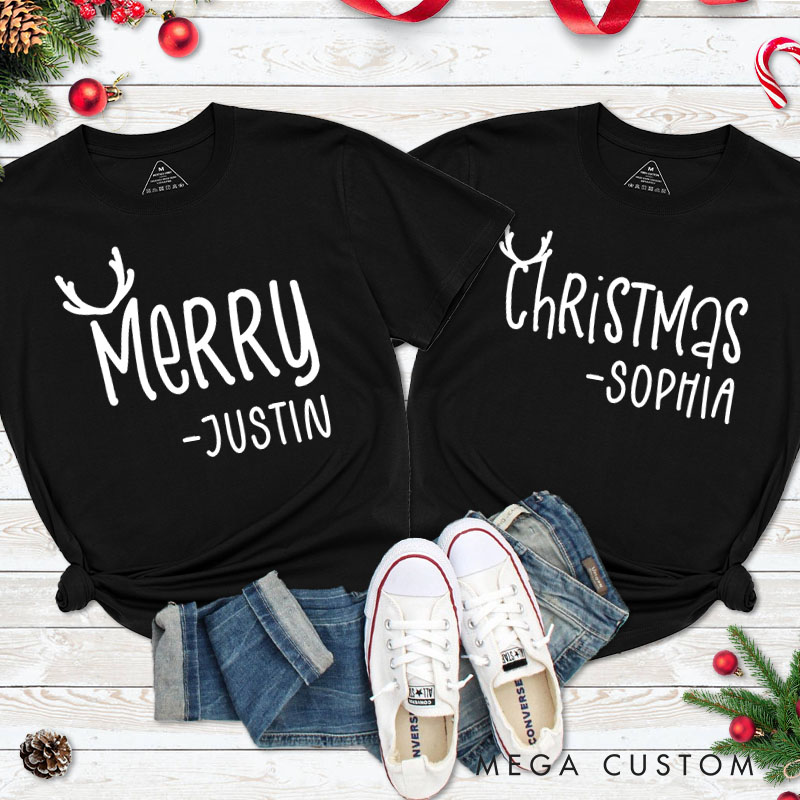 Personalized Couple Merry and Christmas with Antler Christmas Matching T-Shirt Couple Xmas T-Shirt for Husband Wife Boyfriend Girlfriend Tee Tops