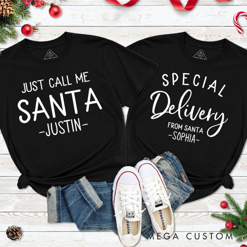 Personalized Couple Just Call Me Santa and Special Delivery from Santa T-Shirt Couple Christmas Matching T-Shirt for Husband Wife Boyfriend Girlfriend