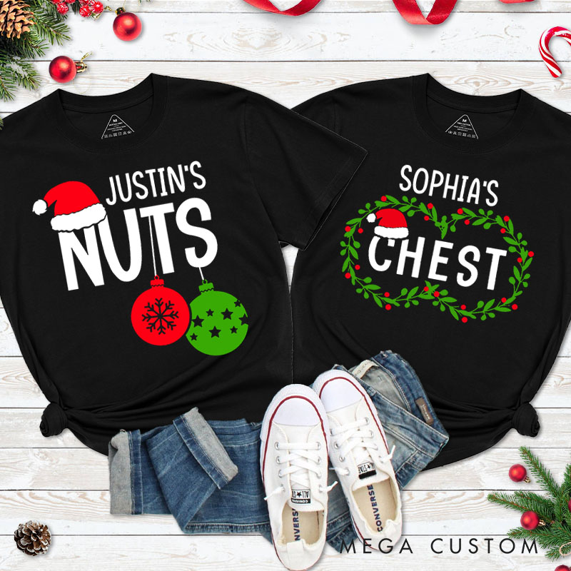 Personalized Couple Nuts and Chest Christmas Matching T-Shirt Couple Xmas Ball and Wreath T-Shirt for Husband Wife Boyfriend Girlfriend Tee Tops