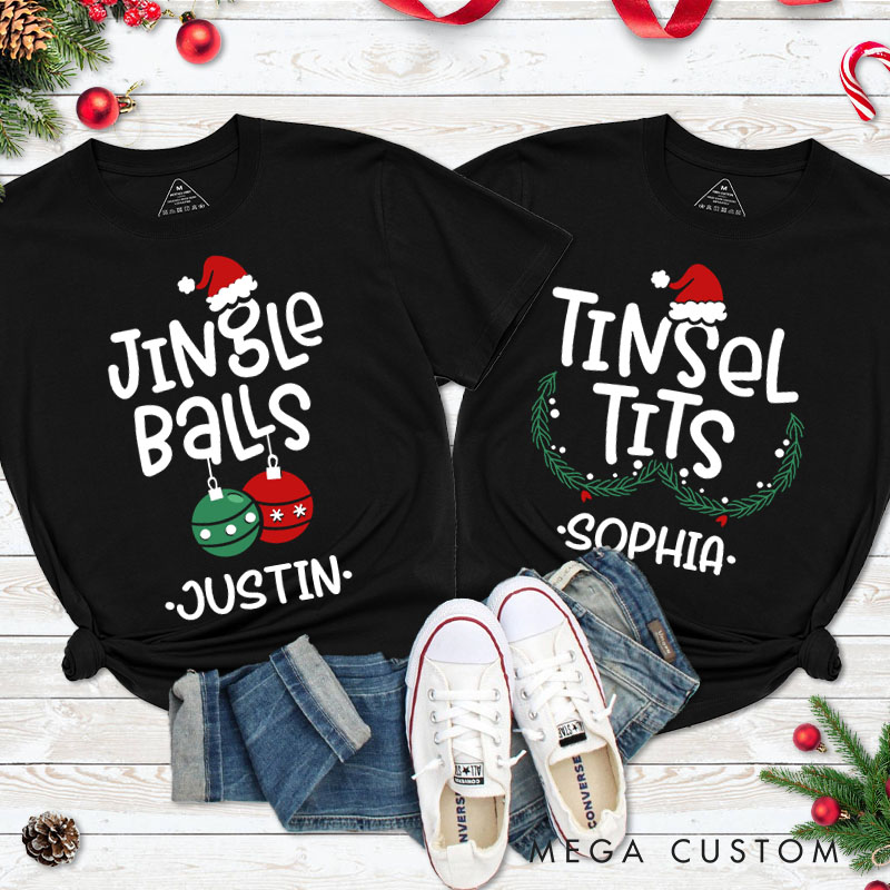 Personalized Couple Jingle Balls and Tinsel Tits Christmas Matching T-Shirt Couple Xmas Ball and Wreath T-Shirt for Husband Wife Boyfriend Girlfriend