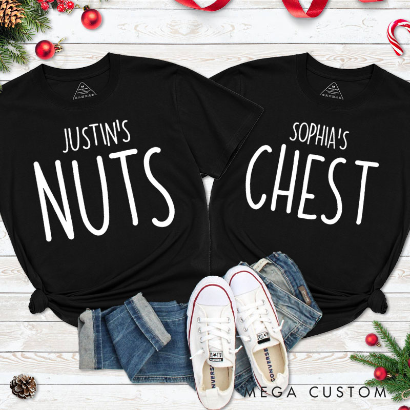 Personalized Couple Minimalist Nuts and Chest Christmas T-Shirt with Name Couple Xmas Matching T-Shirt for Husband Wife Boyfriend Girlfriend Tee Tops