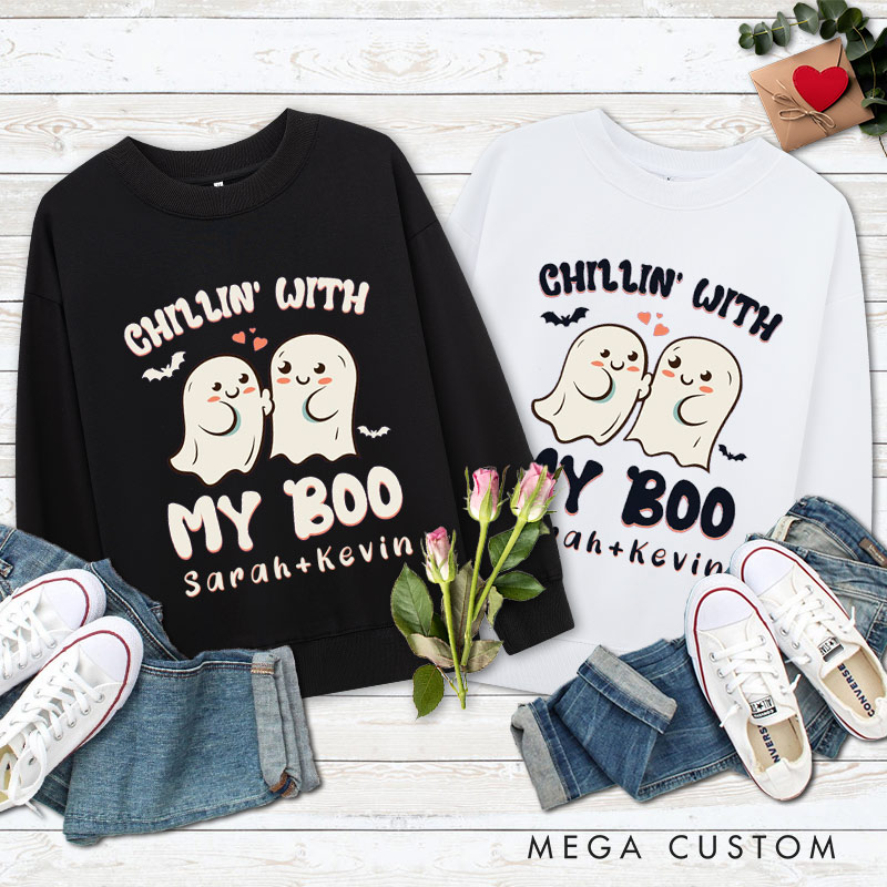 Personalized Chillin' with My Boo Ghost Couple Halloween Couple Sweatshirt