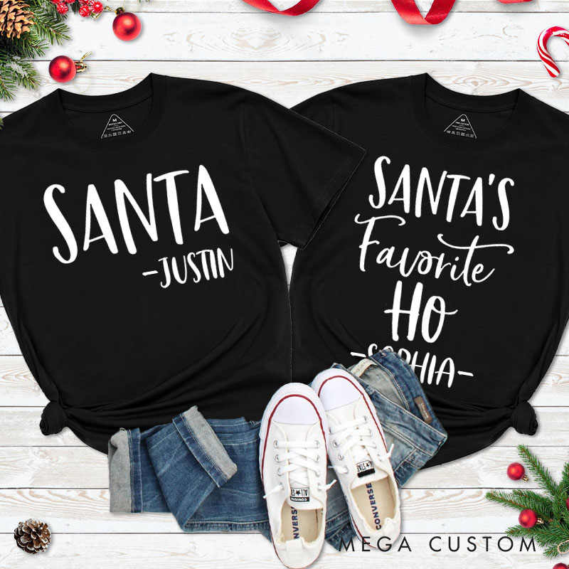 Personalized Couple Fun Santa and Santa's Favorite Ho Christmas T-Shirt with Name Couple Xmas Matching T-Shirt for Husband Wife Boyfriend Girlfriend