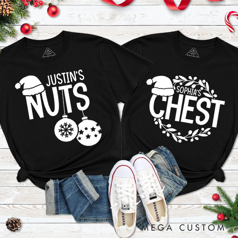 Personalized Couple Fun Nuts and Chest Christmas Matching T-Shirt with Name Couple Xmas Balls and Wreath T-Shirt for Husband Wife Boyfriend Girlfriend