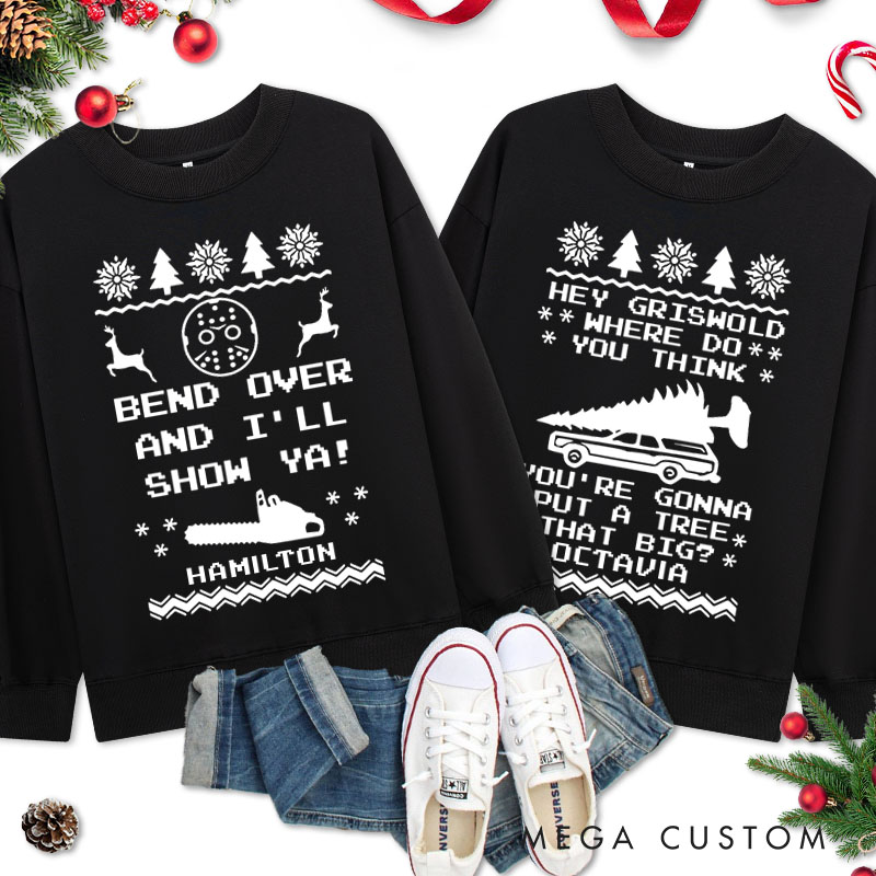 Personalized Couple Bend Over and I’ll Show Ya Christmas Sweatshirt Couple Xmas Ugly Sweater Matching Sweatshirt for Husband Wife Boyfriend Girlfriend