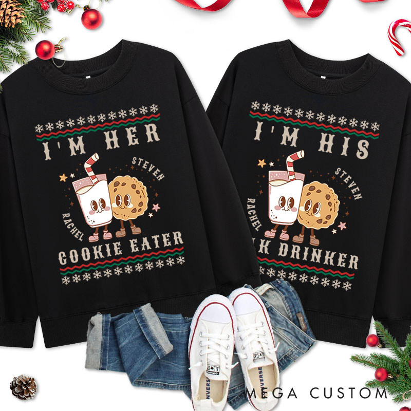 Personalized Couple I'm Her Cookie Eater Christmas Sweatshirt Couple I’m His Milk Drinker Matching Sweatshirt for Husband Wife Boyfriend Girlfriend