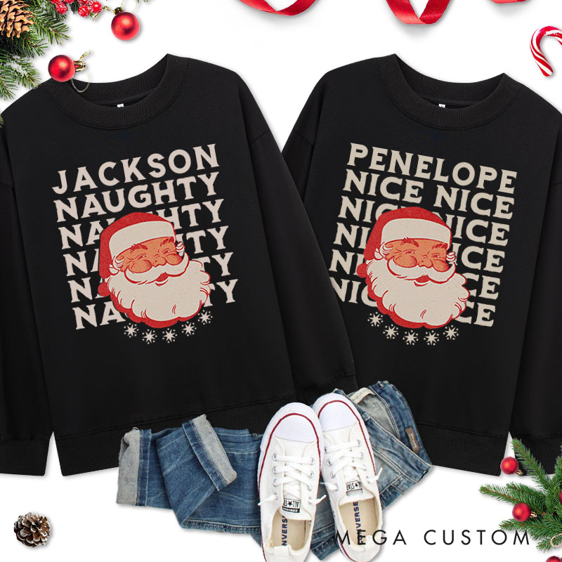 Personalized Couple Naughty and Nice with Santa Christmas Sweatshirt Couple Xmas Matching Crewneck Sweatshirt for Husband Wife Boyfriend Girlfriend